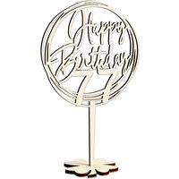 Cake Topper 77. Geburtstag, Holz mit Schriftzug Happy Birthday und Fuß, nach der Torte auf den Tisch von Happygoods GmbH