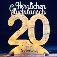 Leuchtender Aufsteller aus Holz zum 20. Geburtstag, mit 20 LEDs und gravierten Glückwünschen von Happygoods GmbH