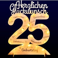 Leuchtender Aufsteller aus Holz zum 25. Geburtstag, mit 20 LEDs und gravierten Glückwünschen von Happygoods GmbH