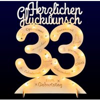 Leuchtender Aufsteller aus Holz zum 33. Geburtstag, mit 20 LEDs und gravierten Glückwünschen von Happygoods GmbH