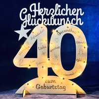 Leuchtender Aufsteller aus Holz zum 40. Geburtstag, mit 20 LEDs und gravierten Glückwünschen von Happygoods GmbH