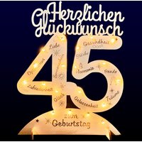 Leuchtender Aufsteller aus Holz zum 45. Geburtstag, mit 20 LEDs und gravierten Glückwünschen von Happygoods GmbH