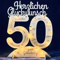 Leuchtender Aufsteller aus Holz zum 50. Geburtstag, mit 20 LEDs und gravierten Glückwünschen von Happygoods GmbH