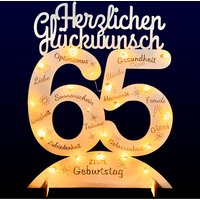 Leuchtender Aufsteller aus Holz zum 65. Geburtstag, mit 20 LEDs und gravierten Glückwünschen von Happygoods GmbH