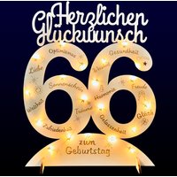 Leuchtender Aufsteller aus Holz zum 66. Geburtstag, mit 20 LEDs und gravierten Glückwünschen von Happygoods GmbH