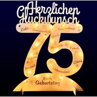 Leuchtender Aufsteller aus Holz zum 75. Geburtstag, mit 20 LEDs und gravierten Glückwünschen von Happygoods GmbH