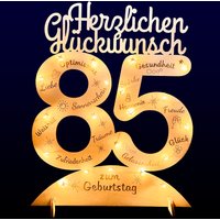 Leuchtender Aufsteller aus Holz zum 85. Geburtstag, mit 20 LEDs und gravierten Glückwünschen von Happygoods GmbH