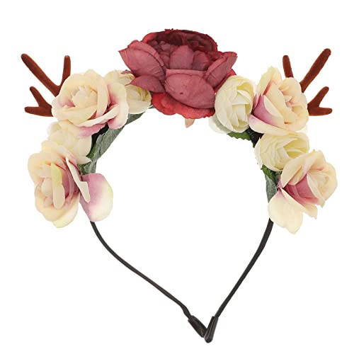 Happyyami Geweih Blumen Stirnband Blumen Rentier Haarband Hirsch Kopfschmuck Damen Wald Wald Fee Weihnachten Halloween Cosplay Kostüm von Happyyami