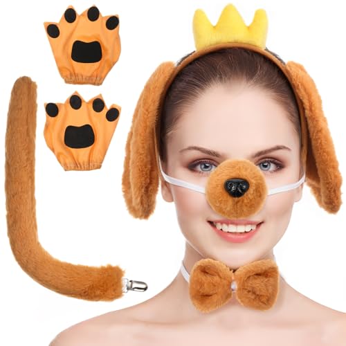 Happyyami Hündchen-Kostüm-Set Für Hundeohren Stirnband Nase Fliege Pfotenhandschuhe Welpen-Tierkostüm Für Halloween Karneval Weihnachten Cosplay von Happyyami