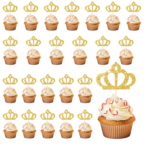 24 Stück Gold Glitter Cupcake Topper, Cupcake Topper Krone Gold, Goldene Hohl Krone Tortenaufsatz, Queen Crown Cupcake Dekorationen für Geburtstage, Babypartys, Queen-Partys, Valentinstag von Hariendny