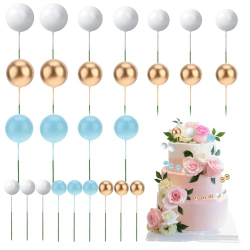 30 Stück Kugeln Tortendeko Schaum Ball Cake Topper Mini Kugeln Cupcake Topper für Geburtstag Hochzeit Jubiläum Babydusche (Blau Weiß Gold 2/2,5/3/4 cm) von Hariendny