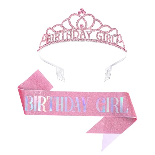 Rosa Geburtstag Krone, Geburtstag Schärpe Strass Tiara Sets, Prinzessin Geburtstag Krone Schärpe, Bling Glitzer Kronen Haarband, Happy Birthday Hhaarreif, Prinzessin Tiara für Geburtstag Party von Hariendny