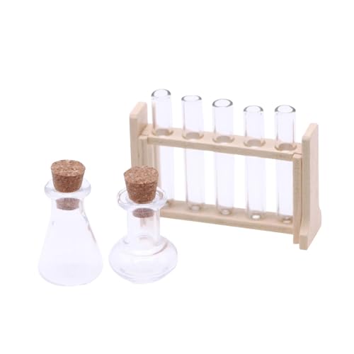 Harilla 1/12 Puppenhaus Reagenzglas Set 1x Rührstab Wissenschaftslabor Puppenhaus mit Holzgestell 5X Reagenzgläser Puppenhaus Modell Zubehör, Holz von Harilla