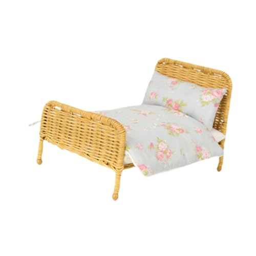 Harilla 1:12 Puppenhaus Doppelbett Modell Rattan Mini Bett Miniatur Möbel Dekor Modell, Puppenhaus Miniatur Bett, für Arbeitszimmer Dekoration, C von Harilla