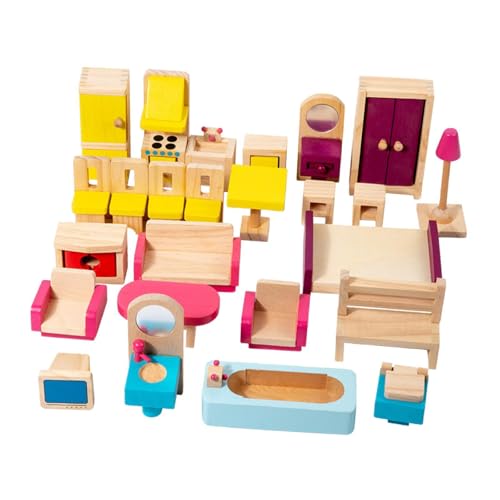 Harilla 26x Holzpuppenhaus Miniaturmöbel Set Kinder Spielzeugpuppenhaus Dekor Klassische Hobbyhandwerk für Jungen Mädchen Kinder von Harilla