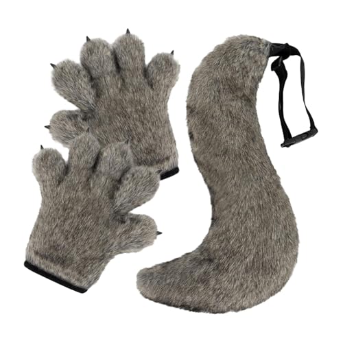 Harilla Halloween Wolfspfoten-Handschuhe und Schwanz-Set, Krallen und Schwanz-Set für Bühnen-Mottoparty, Grau von Harilla