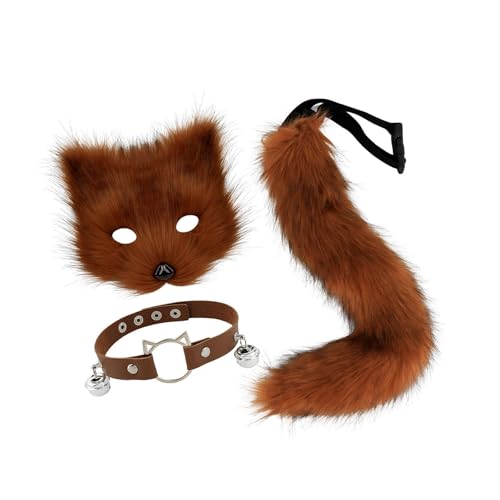 Harilla Katzen-Therian-Maske und Schwanz-Set, süße Cosplay-Requisiten für Halloween-Partys, Foto-Requisiten, Rotbraun von Harilla