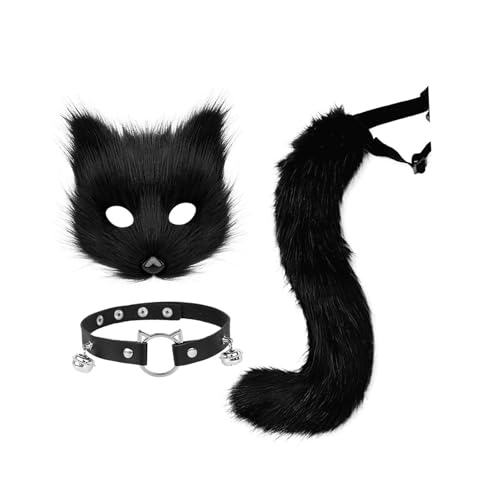 Harilla Katzen-Therian-Maske und Schwanz-Set, süße Cosplay-Requisiten für Halloween-Partys, Foto-Requisiten, Schwarz von Harilla