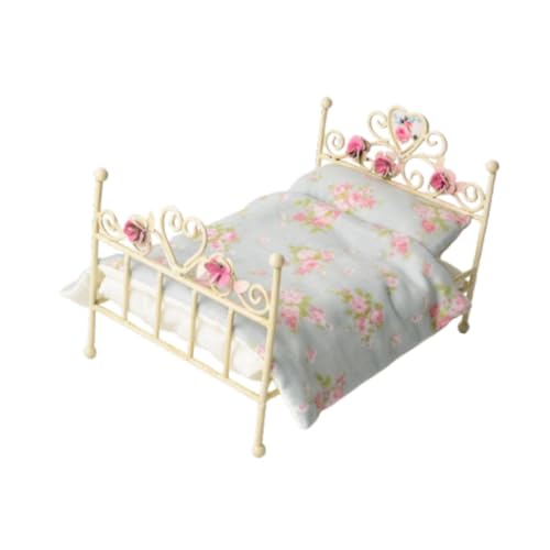 Harilla Puppenhausbett im Maßstab 1:12, Einzelbett, Eisenbett, Schlafzimmer, Mikroszene, Rollenspielszene, Puppenhausdekor, Mini-Puppenhausmöbel, Blaues Blumenmuster von Harilla