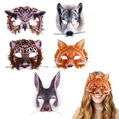 5PCS Fuchs Wolf Hase Leopard Eule Maske Realistische Kostüm Accessoire Tier-Halbgesichtsmaske Pelzmaske für Erwachsene Cosplay Therian-Maske, Tierkostüm Verkleidung Karneval Halloween-Party von HarnyLoom