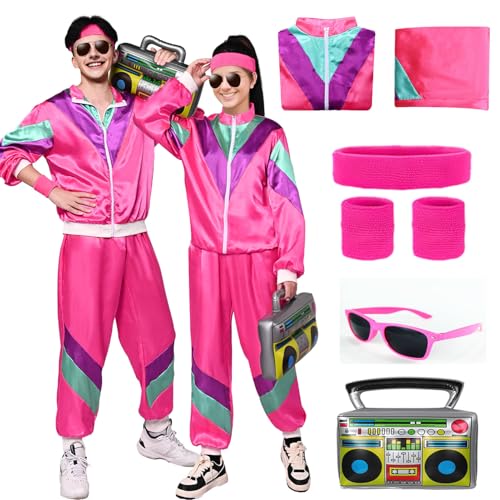 80er 90er Jahre Outfit Damen Herren Kostüm Trainingsanzug 70er Jahre Jacke Hose Retro Anzug Kostüm Accessoires für Faschingskostüm Halloween Karneval (Rose, 2XL) von HarnyLoom