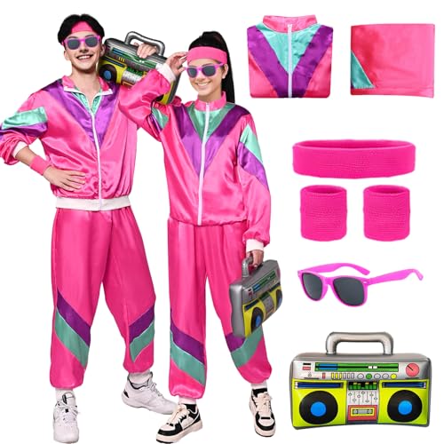 80er 90er Jahre Outfit Damen Herren Kostüm Trainingsanzug 70er Jahre Jacke Hose Retro Anzug Kostüm Accessoires für Faschingskostüm Halloween Karneval (Rose, 2XL) von HarnyLoom