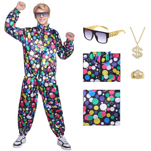 80er Jahre Outfit Damen Herren Kostüm 90er Jahre Retro Trainingsanzug Disco Kleidung Jacke Accessoires Brille Party Cosplay Halloween Karneval Mottoparty (2XL) von HarnyLoom