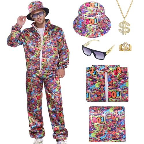 80er Jahre Outfit Damen Herren Kostüm 90er Jahre Trainingsanzug Party Cosplay Kleidung Jacke Accessoires Brille Hut Halloween Karneval Mottoparty (Rot-80er, 2XL) von HarnyLoom