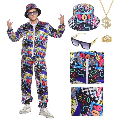 80er Jahre Outfit Damen Herren Kostüm 90er Jahre Trainingsanzug Party Cosplay Kleidung Jacke Accessoires Brille Hut Halloween Karneval Mottoparty (Schwarz-90er, 2XL) von HarnyLoom