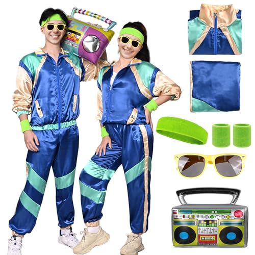 80er Jahre Outfit Damen Herren Kostüm Trainingsanzug 70er 90er Jahre Jacke Hose Retro Anzug Kostüm Party Accessoires für Faschingskostüm Karneval (Blau, 2XL) von HarnyLoom