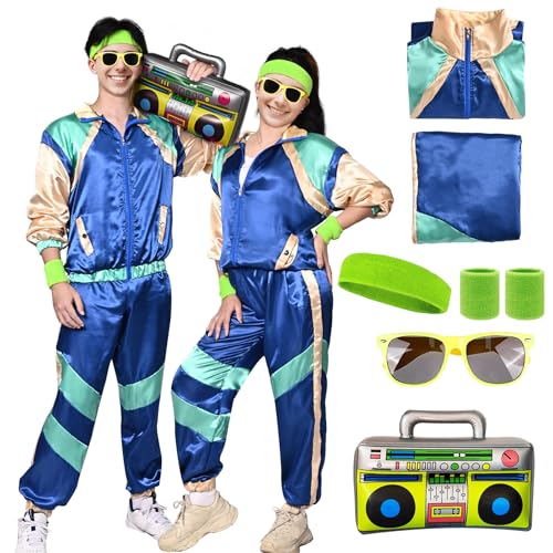 80er Jahre Outfit Damen Herren Kostüm Trainingsanzug 70er 90er Jahre Jacke Hose Retro Anzug Kostüm Party Accessoires für Faschingskostüm Karneval (Blau, 2XL) von HarnyLoom