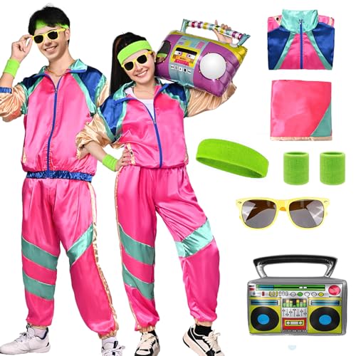 80er Jahre Outfit Damen Herren Kostüm Trainingsanzug 70er 90er Jahre Jacke Hose Retro Anzug Kostüm Party Accessoires für Faschingskostüm Karneval (Rosa, L) von HarnyLoom