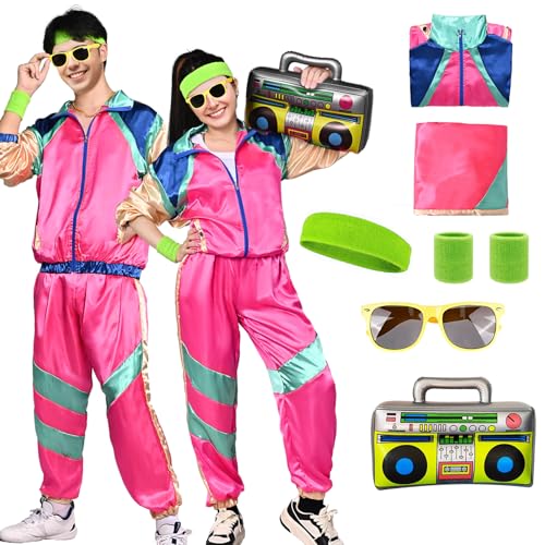 80er Jahre Outfit Damen Herren Kostüm Trainingsanzug 70er 90er Jahre Jacke Hose Retro Anzug Kostüm Party Accessoires für Faschingskostüm Karneval (Rosa, L) von HarnyLoom