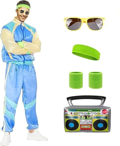 80er Jahre Outfit Damen Herren Kostüm Trainingsanzug 90er 70er Jahre Jacke Hose Retro Anzug Kostüm Accessoires für Faschingskostüm Halloween Karneval Party (Blau, 2XL) von HarnyLoom