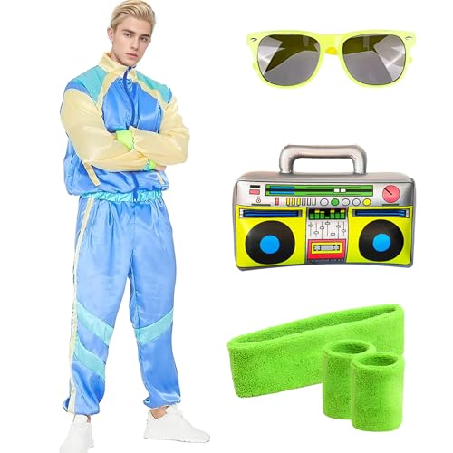 80er Jahre Outfit Damen Herren Kostüm Trainingsanzug 90er 70er Jahre Jacke Hose Retro Anzug Kostüm Accessoires für Faschingskostüm Halloween Karneval Party (Blau, 2XL) von HarnyLoom