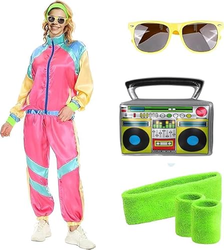 80er Jahre Outfit Damen Herren Kostüm Trainingsanzug 90er 70er Jahre Jacke Hose Retro Anzug Kostüm Accessoires für Faschingskostüm Halloween Karneval Party (Rosa, 2XL) von HarnyLoom