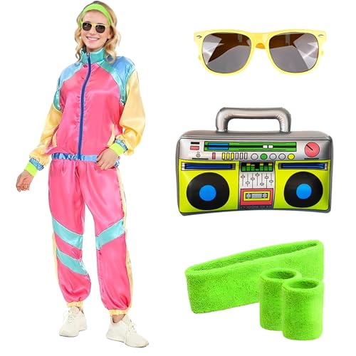 80er Jahre Outfit Damen Herren Kostüm Trainingsanzug 90er 70er Jahre Jacke Hose Retro Anzug Kostüm Accessoires für Faschingskostüm Halloween Karneval Party (Rosa, 2XL) von HarnyLoom