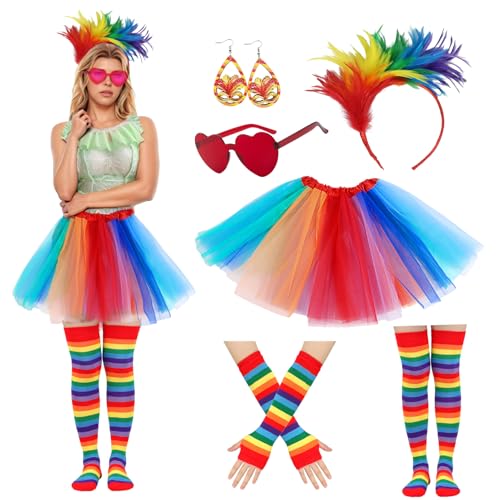 Regenbogen Kostüm Damen, Tüllrock Regenbogen Kleid 80er Jahre Kostüm Bunt Rock Outfit Regenbogen Haarreif Socken Sonnenbrille Handschuhen für Karneval Faschingskostüme Mottoparty(Regenbogen 1) von HarnyLoom