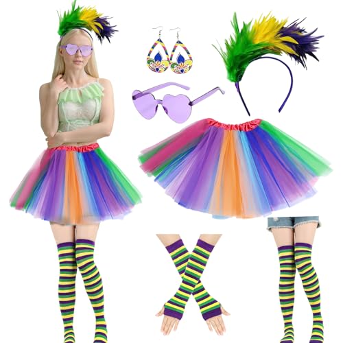 Regenbogen Kostüm Damen, Tüllrock Regenbogen Kleid 80er Jahre Kostüm Bunt Rock Outfit Regenbogen Haarreif Socken Sonnenbrille Handschuhen für Karneval Faschingskostüme Mottoparty(Regenbogen 2) von HarnyLoom