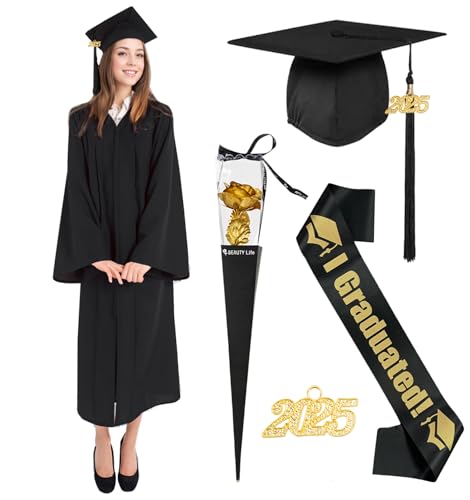 Abschluss Talar mit Hut 2025 Herren Damen, Graduation Robe Bachelor Doktorhut Anhänger Quaste Abschluss Hochschule Abschlussfeier Abschluss Geschenke fur High School Master Universität (Schwarz, XL) von HarnyLoom