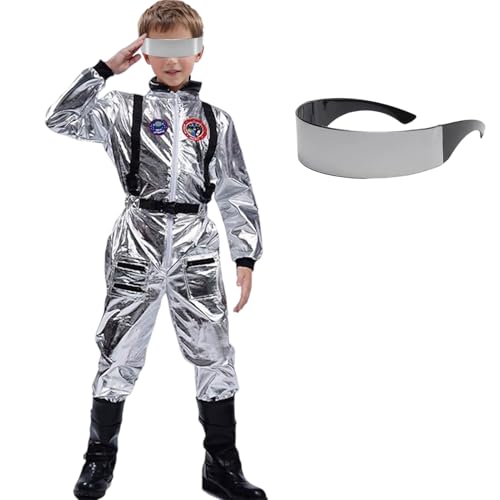 Astronaut Kostüm Erwachsene Kinder Herren Frauen, Silber Astronauten Kostüm Overall Mädchen Junge Damen Herren, Spaceman Kostüm für Karneval Halloween Cosplay (Kinder, 110) von HarnyLoom