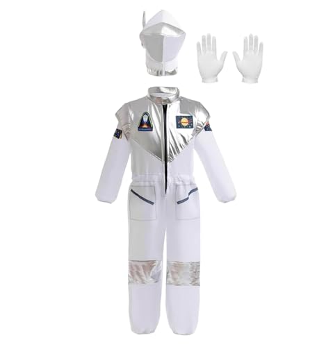 Astronaut Kostüm Kinder Pilot Overall Jungen Helm Visier Astronauten Space Cosplay Alien Nasa Kostüm Weltall Halloween Karneval (Weiß, 110 (3-4 Jahre)) von HarnyLoom