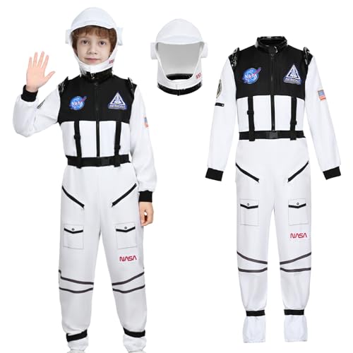 Astronaut Kostüm Kinder Pilot Overall Jungen Helm Visier Astronauten Space Cosplay Alien Nasa Kostüm Weltall Halloween Karneval (Weiß, 130 (7–9 Jahre)) von HarnyLoom