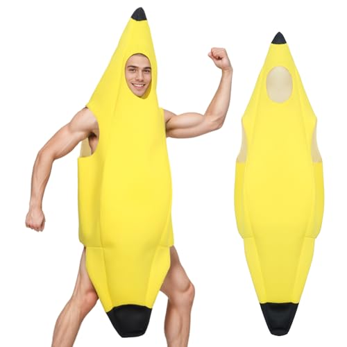 Bananen Kostüm Erwachsene, Banane Kostüm Herren Lustig Männer Lustiges Halloween Karneval Weihnachten, Bananenkostüm Faschingskostüme Party Dekoration, Unisex Obstkostüm Dress Up von HarnyLoom