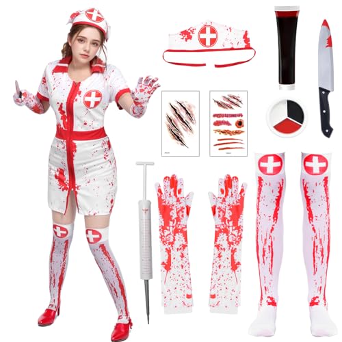 Krankenschwester Kostüm Halloween Damen Zombie Horror Blutiges Zubehör Gruselig Kleid Uniform Kostüm Erwachsene Socke Handschuhe Aufkleber Karneval von HarnyLoom