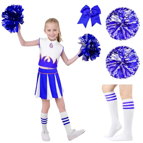 Cheerleader Kostüm Kinder Mädchen Cheerleading Outfit Pompoms Uniform High School Musical Kostüm Kleid Socken Schleife Karneval Partys Cosplay (Blau, 120) von HarnyLoom