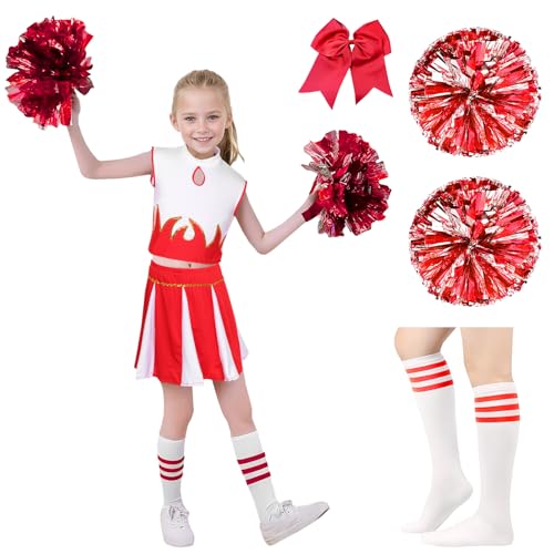 Cheerleader Kostüm Kinder Mädchen Cheerleading Outfit Pompoms Uniform High School Musical Kostüm Kleid Socken Schleife Karneval Partys Cosplay (Rot, 120) von HarnyLoom