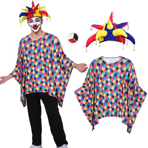 Clown Kostüm Erwachsene Clowns Umhang Damen Männer Hut Accessoires Karneval Fasching Halloween Cosplay Kostüm Party von HarnyLoom