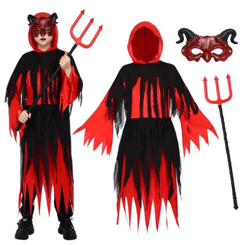 Dämon Kostüm Kinder Sensenmann Halloween Robe Junge Maske Dämonen Hörner Heugabel Horror Skelett Kopfschmuck Outfit Karneval Cosplay (L (9–12 Jahre)) von HarnyLoom