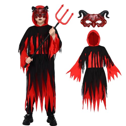 Dämon Kostüm Kinder Sensenmann Halloween Robe Junge Maske Dämonen Hörner Heugabel Horror Skelett Kopfschmuck Outfit Karneval Cosplay (M (6–9 Jahre)) von HarnyLoom